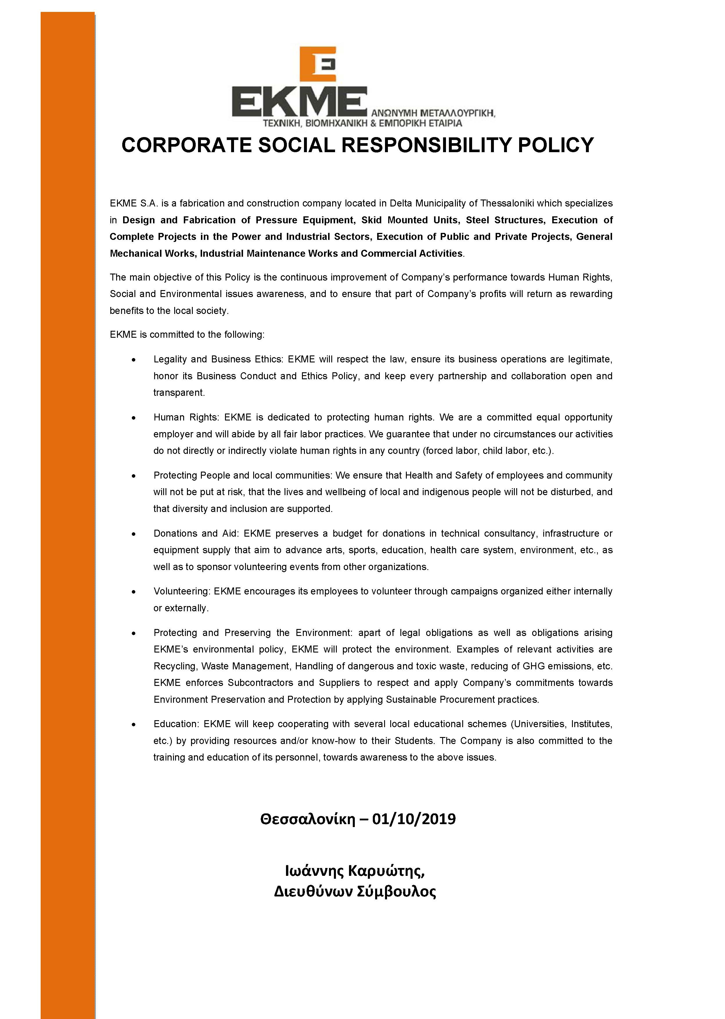 CORPORATE SOCIAL RESPONSIBILITY POLICY EKME